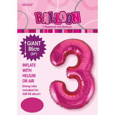 Hot Pink Number 3 Supershape Foil Balloon (34in/86cm) Pk 1