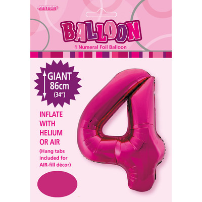 Hot Pink Number 4 Supershape Foil Balloon (34in/86cm) Pk 1