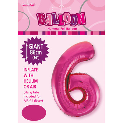Hot Pink Number 6 Supershape Foil Balloon (34in/86cm) Pk 1