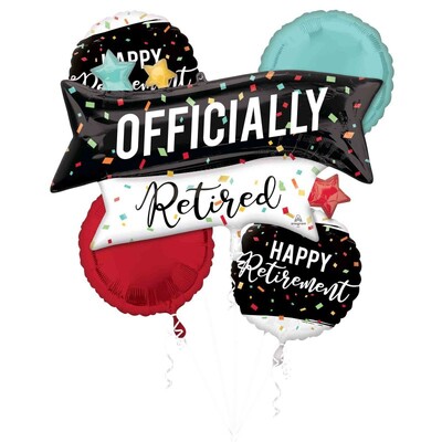 Happy Retirement Foil Balloon Bouquet 5 Pack | Officially Retired Helium Balloons
