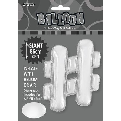 Silver Hashtag # Foil Supershape Balloon (34in-86cm) Pk 1