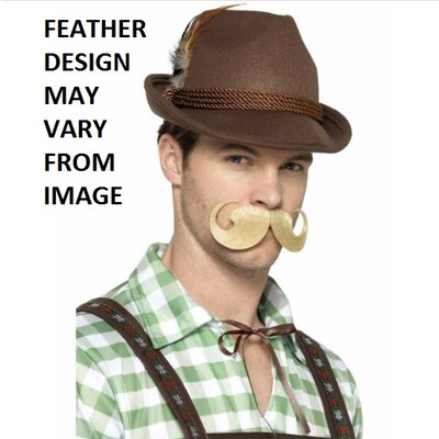 Oktoberfest German Brown Trenker Hat with Feather Pk 1