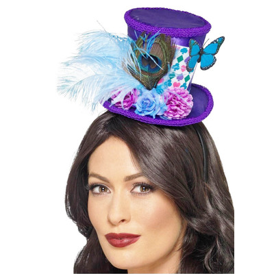 Purple Mad Hatter Mini Top Hat with Feathers on Headband 