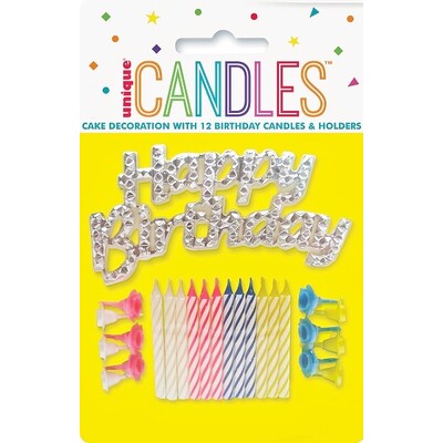 Happy Birthday Cake Topper with 12 Candles & Holders