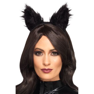 Black Long Fur Cats Ears on Headband 