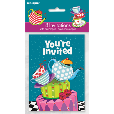 Mad Hatter Tea Party Invitations & Envelopes Pk 8