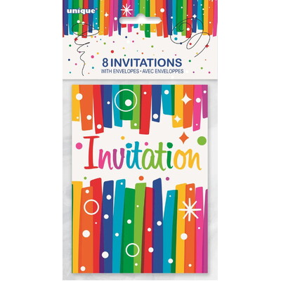 Rainbow Ribbons Party Invitations & Envelopes Pk8