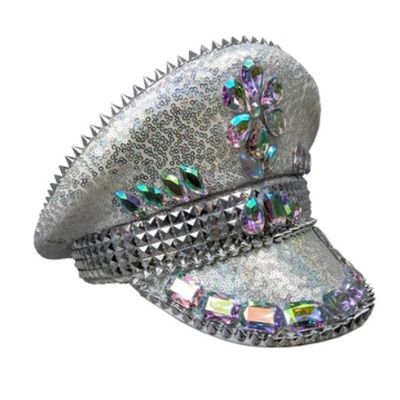 Silver Sequin Police Hat with Crystals and Spikes