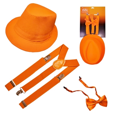 1980s Orange Neon Hat Braces Bowtie Harmony Costume Set