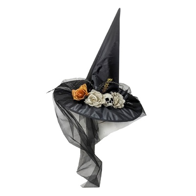 Deluxe Black Witch Hat with Skull, Flowers & Veil