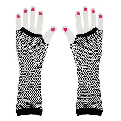 Long Black Fingerless Fishnet Gloves with Crystals (1 Pair)