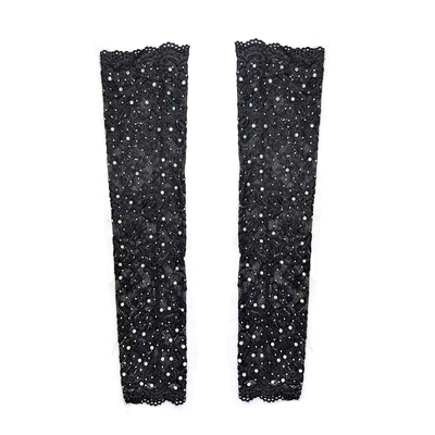 Black Lace Long Fingerless Gloves with Crystals (1 Pair)