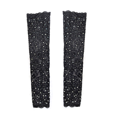 Black Lace Long Fingerless Gloves with Crystals (1 Pair)