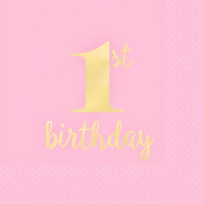 Light Pink and Gold 1st Birthday Cocktail Napkins Pk 16 