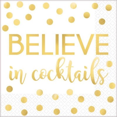 Believe in Cocktails White & Gold Foil Cocktail Napkins Pk 16