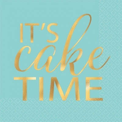 Light Blue and Gold 'It's Cake Time' Cocktail Napkins Pk 16 