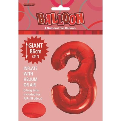 Red Number 3 Supershape Foil Balloon (34in/86cm) Pk 1