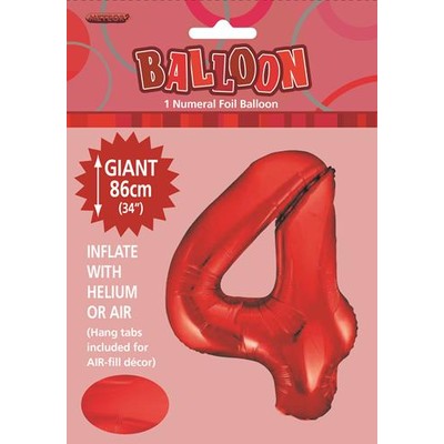 Red Number 4 Supershape Foil Balloon (34in/86cm) Pk 1
