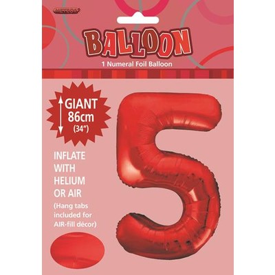 Red Number 5 Supershape Foil Balloon (34in/86cm) Pk 1