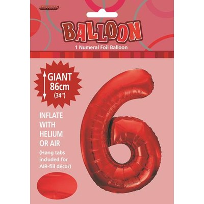Red Number 6 Supershape Foil Balloon (34in/86cm) Pk 1