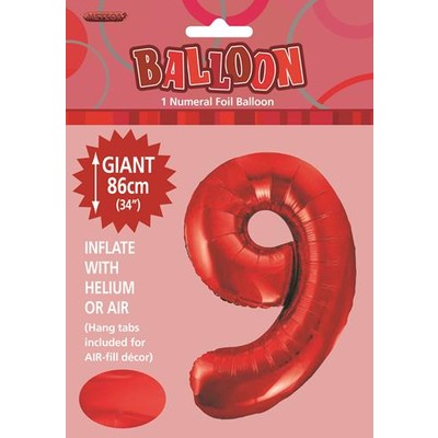 Red Number 9 Supershape Foil Balloon (34in/86cm) Pk 1