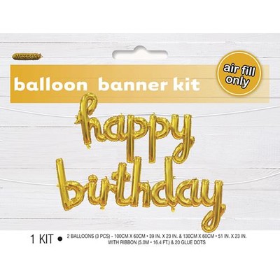 Gold Happy Birthday Foil Balloon Script Banner Pk 1 (Air Inflation Only)