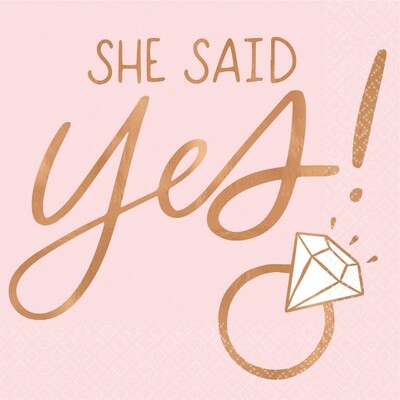 Pink Cocktail Napkins with Rose Gold She Said Yes! Foil Print Pk 16