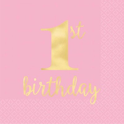 Pink and Gold 1st Birthday Lunch Napkins 2 Ply Pk 16