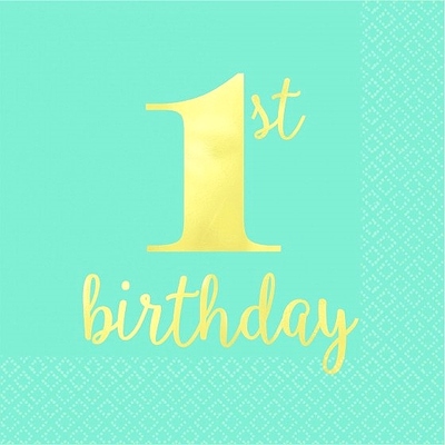 Aqua Blue and Gold 1st Birthday Lunch Napkins 2 Ply Pk 16