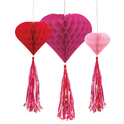 Red Pink Hanging Heart with Tassel Honeycomb Decoration (Pk 3)