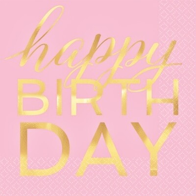 Light Pink and Gold Happy Birthday Lunch Napkins Pk 16 