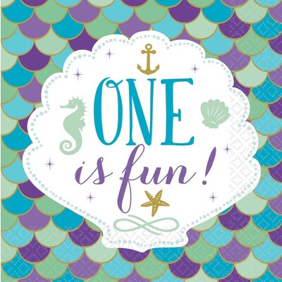 Mermaid Wishes 1st Birthday One is Fun 2ply Paper Lunch Napkins Pk 16 