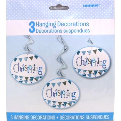 Blue Christening Boy Hanging Swirl Decorations Pk 3