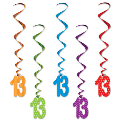 Number 13 Assorted Hanging Birthday Whirl Decorations (91cm) Pk 5