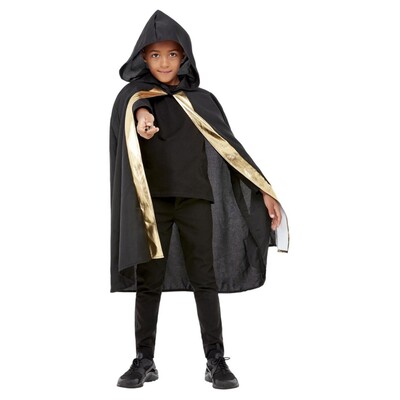 Child Wizard Black Hooded Cape with Gold Trim Pk 1