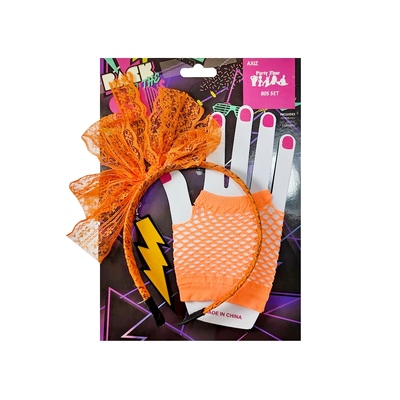 Neon Orange 1980's Costume Set (Gloves Headband Earrings)