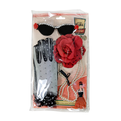 Adult 1950's Costume Set (Glasses, Hair Clip, Necklace, Gloves)