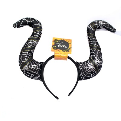 Halloween Black Spider Web Print Curved Horns on Headband Pk 1