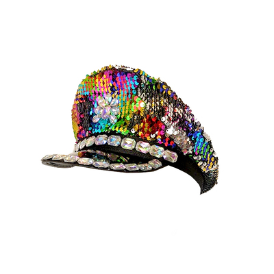 Rainbow Sequin Police Cap Hat with Diamantes