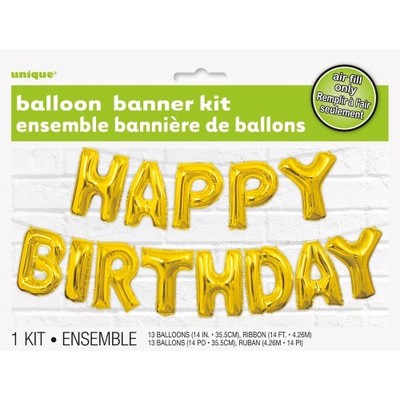 Gold Happy Birthday 14in Foil Balloon Script Banner Pk 1 (Air Inflation Only)