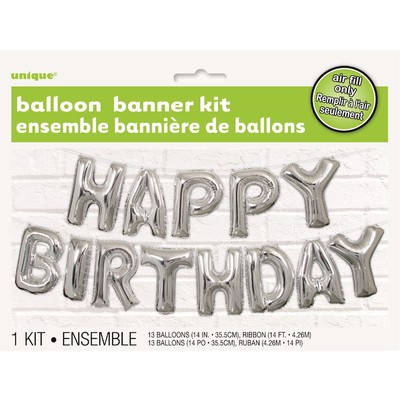 Silver Happy Birthday 14in Foil Balloon Script Banner Pk 1 (Air Inflation Only)