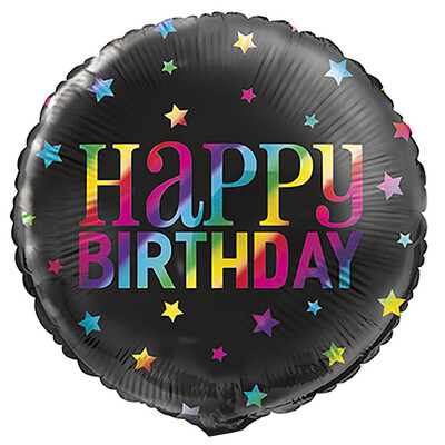 Black Happy Birthday Foil Balloon with Rainbow Stars (18in, 45cm) Pk 1