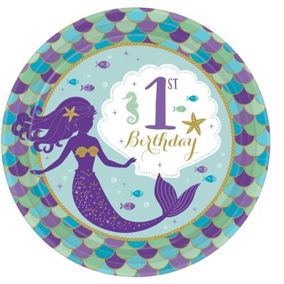 Mermaid Wishes 1st Birthday 7in Paper Plates Pk 8 