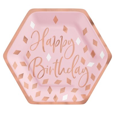 Blush Pink Paper Plates 7in Hexagonal Happy Birthday Pk 8