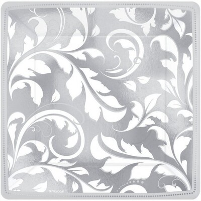 Metallic Silver and White Elegant Scroll Square 7in Lunch Plate Pk 8 