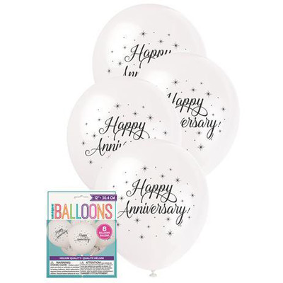 Happy Anniversary White 30cm Printed Latex Balloons Pk 8