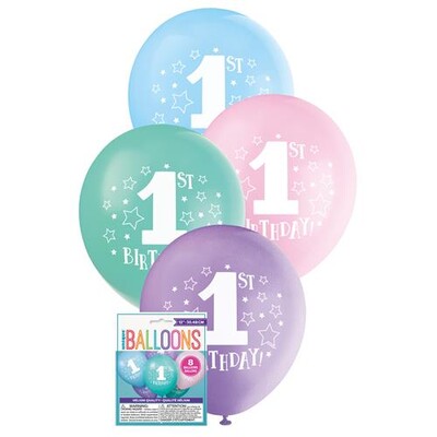 1st Birthday Girl Stars Assorted Colour 30cm Printed Latex Balloons Pk 8