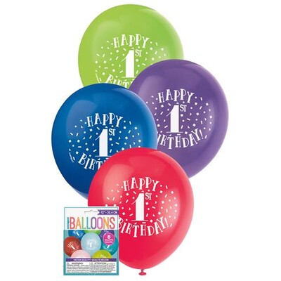 1st Birthday Assorted Colour 30cm Latex Balloons Pk 8