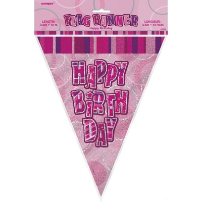 Glitz Pink Happy Birthday Flag Banner (3.6m) Pk 1