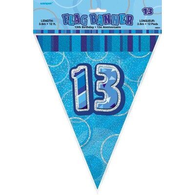 Blue Glitz 13 Flag Banner Birthday Decoration